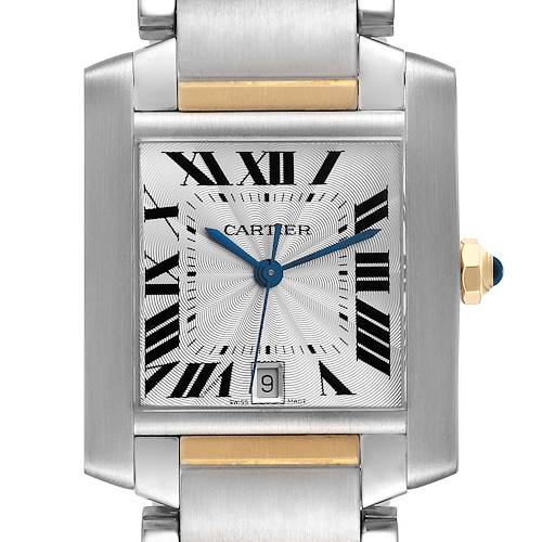 This image shows a close-up of a Cartier Tank Française watch face with Roman numerals and a date display.