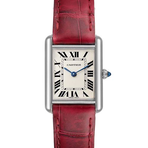 This Cartier Tank Louis W1541056 Women's White Gold Silver Dial W1541056 Women's White Gold Silver Dial model watch is shown from the front, displaying the red strap, Roman numeral dial, and blue hands.