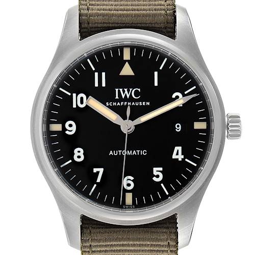The image shows a frontal view of the IWC Pilot IW327007 Men's Stainless Steel Black Dial IW327007 Men's Stainless Steel Black Dial model watch, highlighting its face, hands, bezel, crown, and part of the strap.