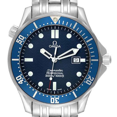 The image shows the Omega Seamaster 2541.80.00 Men's Stainless Steel Blue Dial 2541.80.00 Men's Stainless Steel Blue Dial watch face and bezel from a top-down angle, including the crown and part of the bracelet.