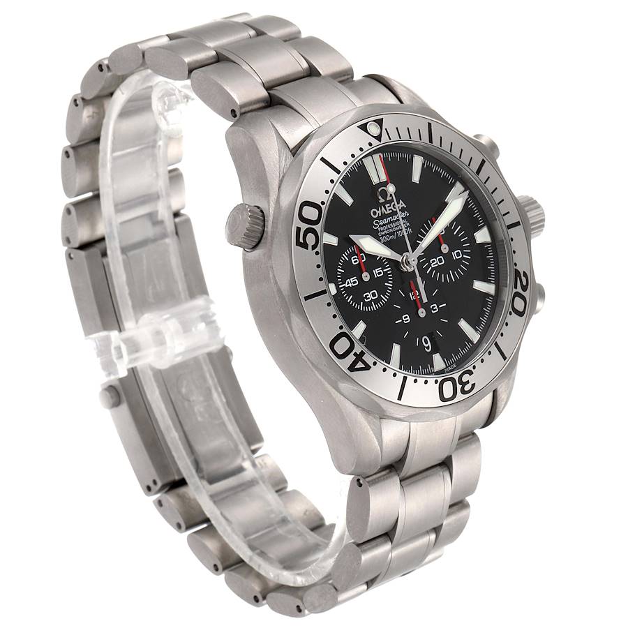 The Omega Seamaster 2293.52.00 Men's Titanium Black Dial 2293.52.00 Men's Titanium Black Dial watch is shown at a three-quarter angle highlighting the dial, bezel, and metal bracelet.