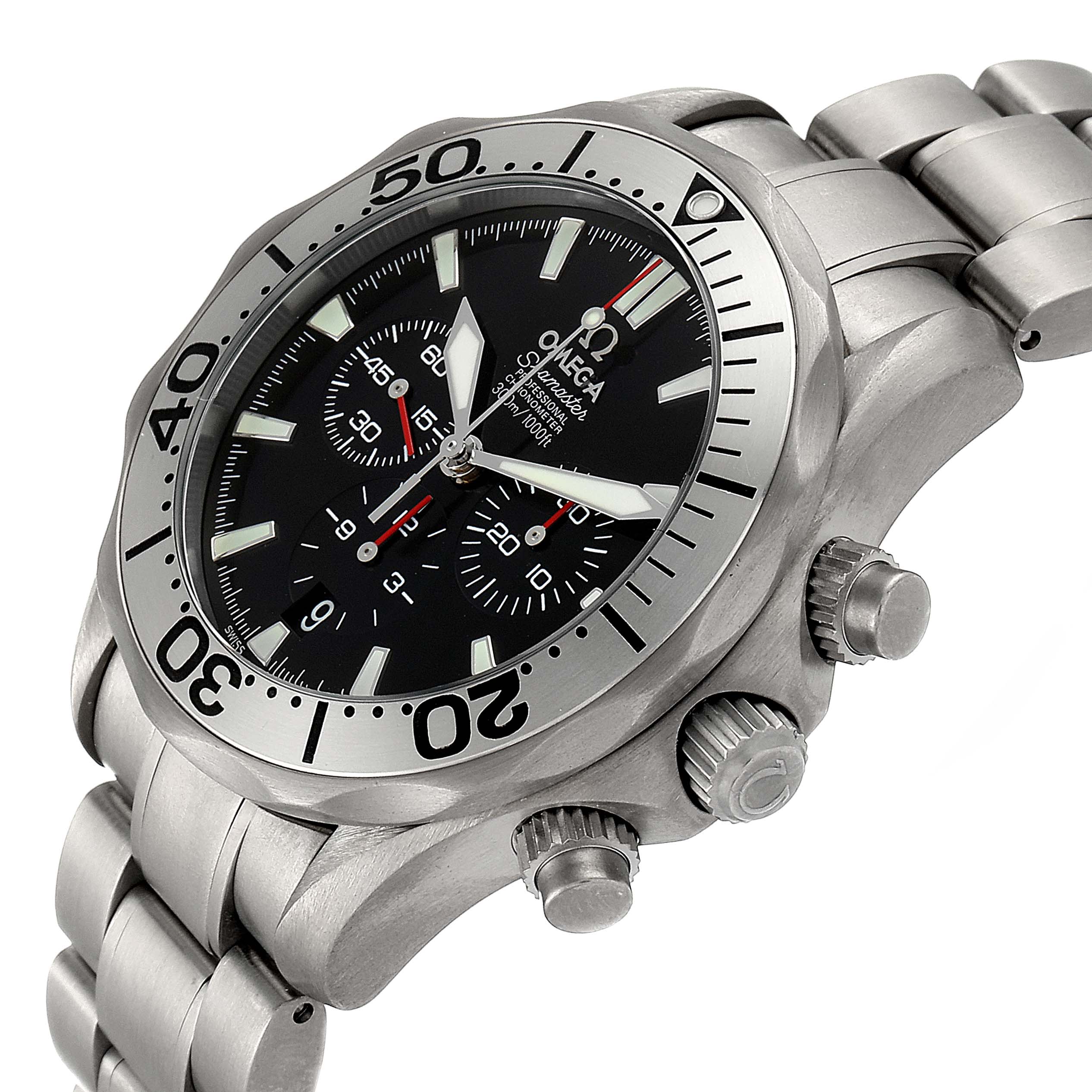 This image shows an Omega Seamaster 2293.52.00 Men's Titanium Black Dial 2293.52.00 Men's Titanium Black Dial watch in a three-quarter view, highlighting the bezel, face, and side buttons.