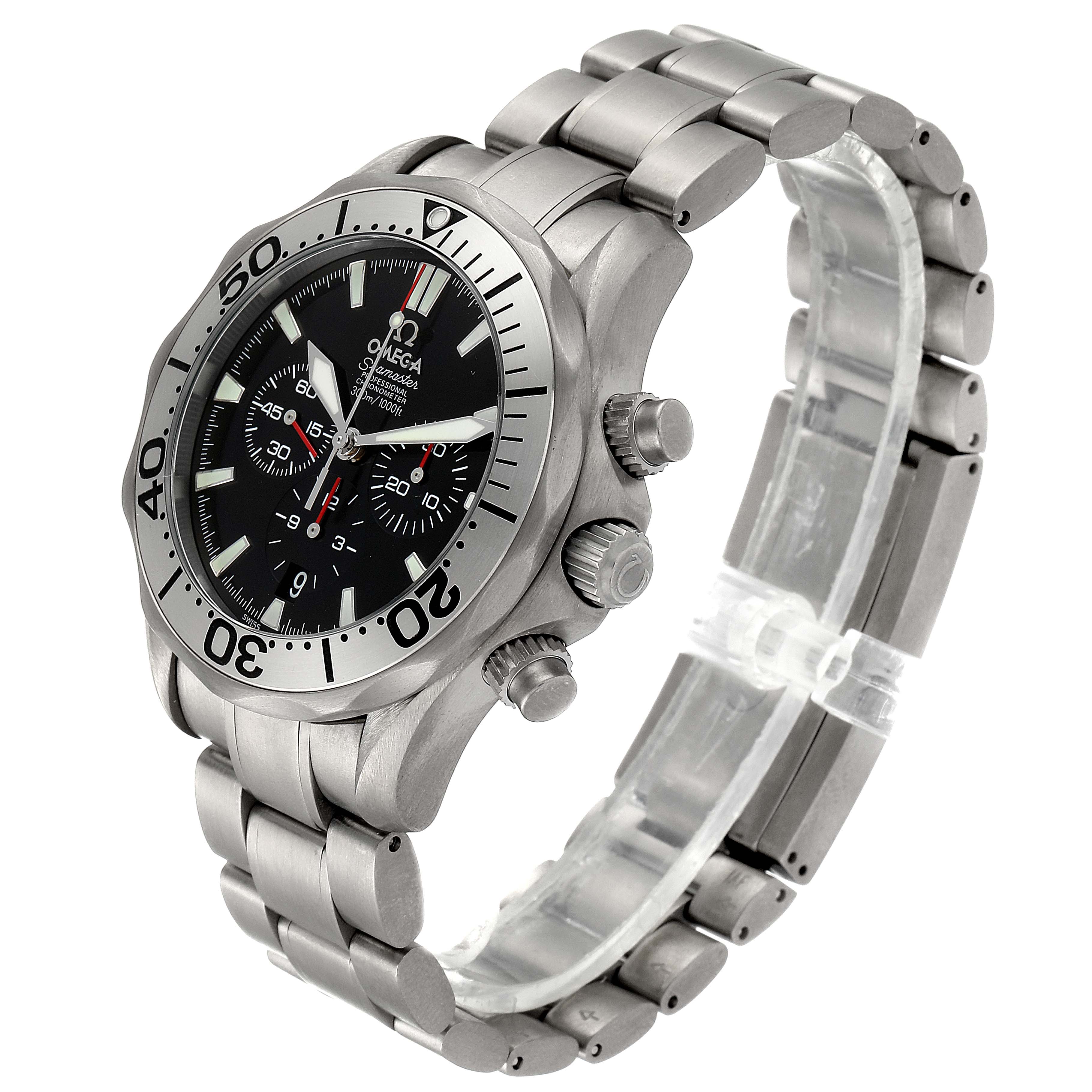 This Omega Seamaster 2293.52.00 Men's Titanium Black Dial 2293.52.00 Men's Titanium Black Dial watch is shown at a three-quarter angle, displaying the face, bezel, bracelet, and side chronograph buttons.