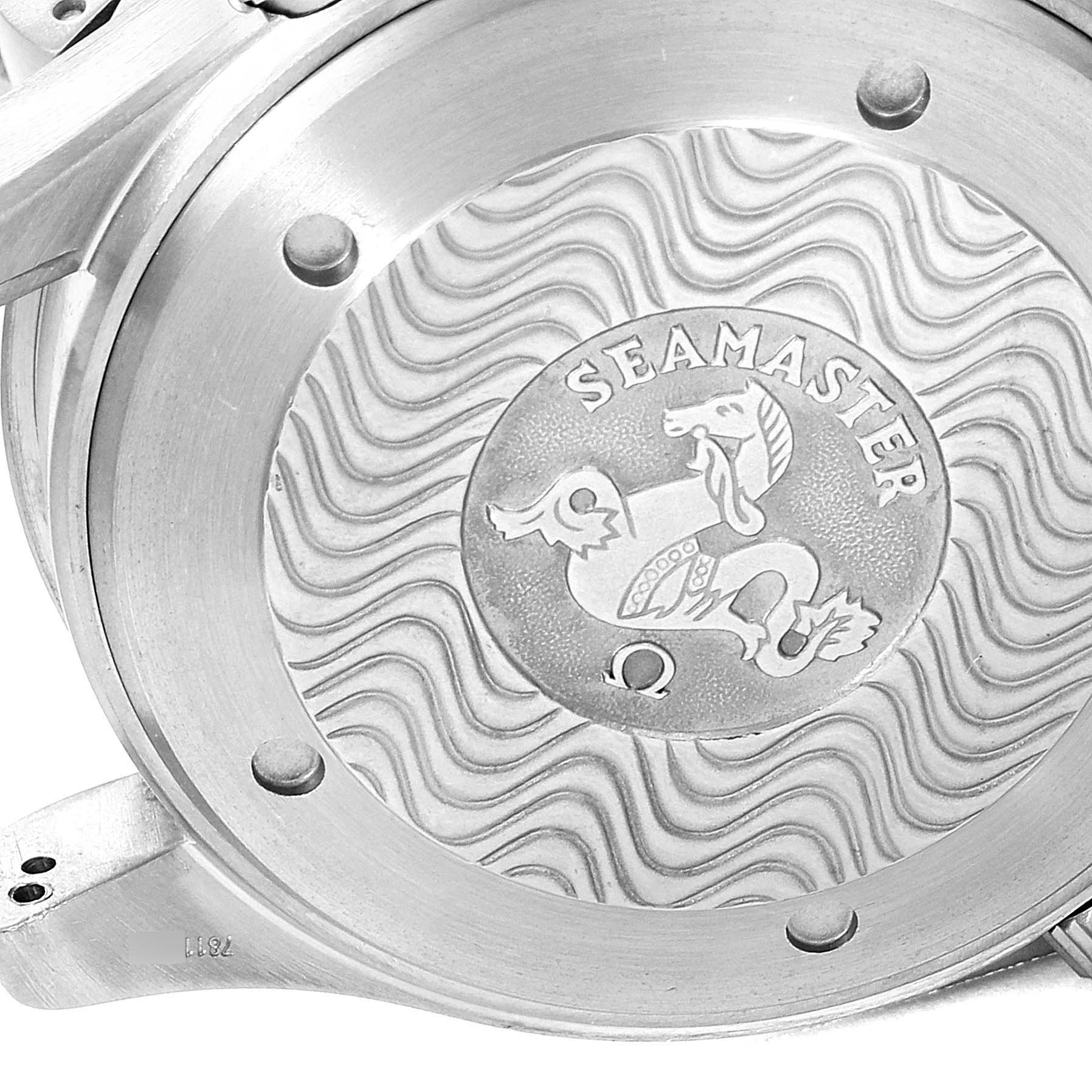 The image shows the back case of an Omega Seamaster 2293.52.00 Men's Titanium Black Dial 2293.52.00 Men's Titanium Black Dial watch, highlighting its engraved logo and wave pattern design.