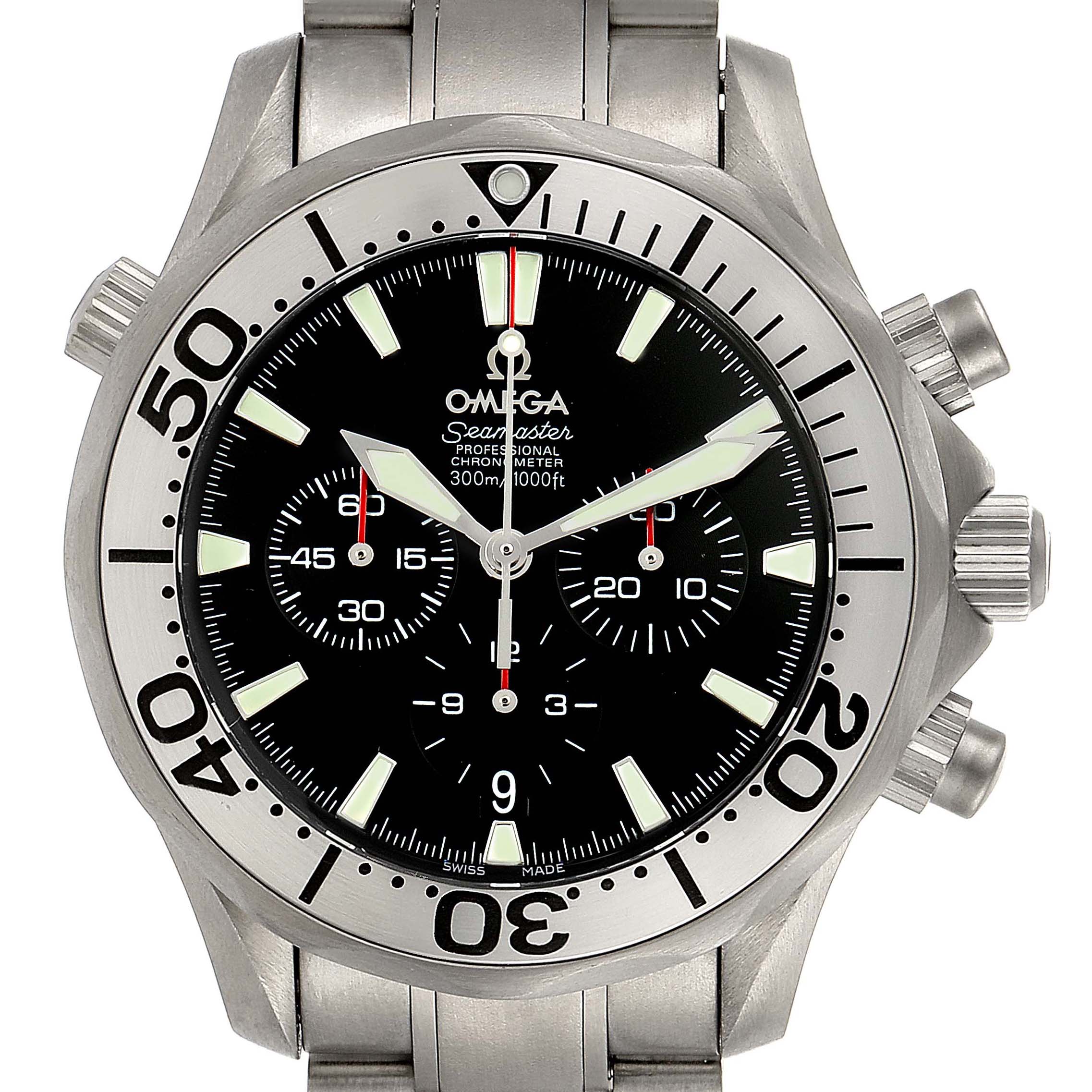 The Omega Seamaster 2293.52.00 Men's Titanium Black Dial 2293.52.00 Men's Titanium Black Dial watch is shown from the front, displaying its bezel, face, sub-dials, and buttons.