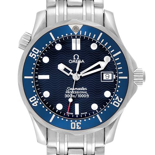 The image shows a front view of the Omega Seamaster 2561.80.00 Men's Stainless Steel Blue Dial 2561.80.00 Men's Stainless Steel Blue Dial watch, highlighting the dial, bezel, and bracelet.