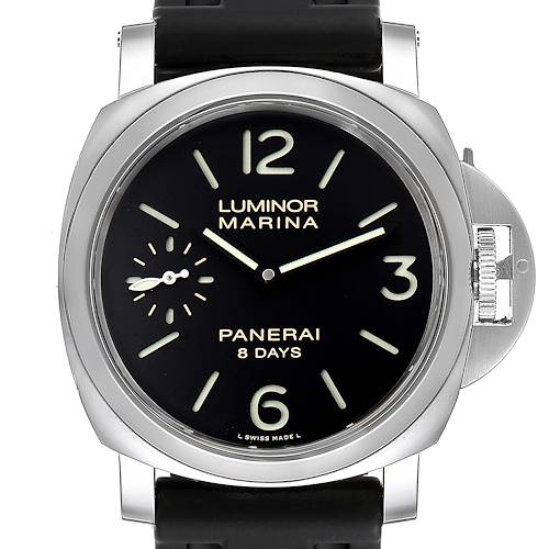 The image shows a front view of the Luminor Marina by Panerai, displaying the dial, hands, and crown guard.