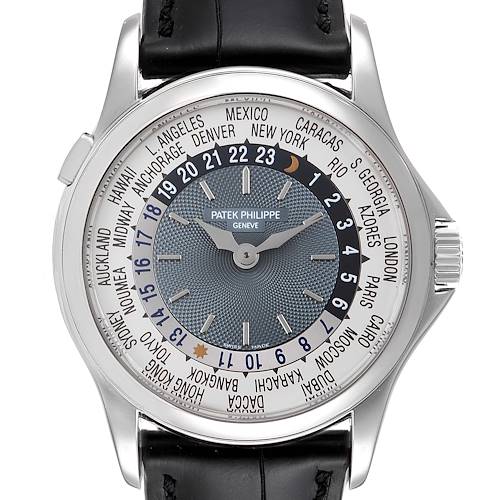 The image shows a frontal view of a Patek Philippe Complications 5110P Men's Platinum Silver Dial 5110P Men's Platinum Silver Dial watch, highlighting its dial with world time cities and a leather strap.