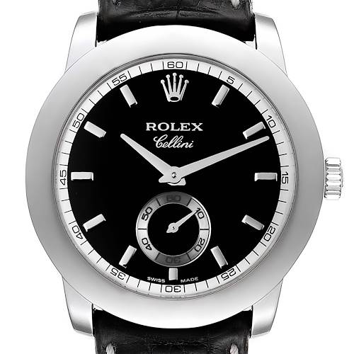 The image shows a Rolex Cellini 5240 Men's Platinum Black Dial 5240 Men's Platinum Black Dial watch from a straight-on angle, highlighting the dial, hands, crown, and part of the leather strap.
