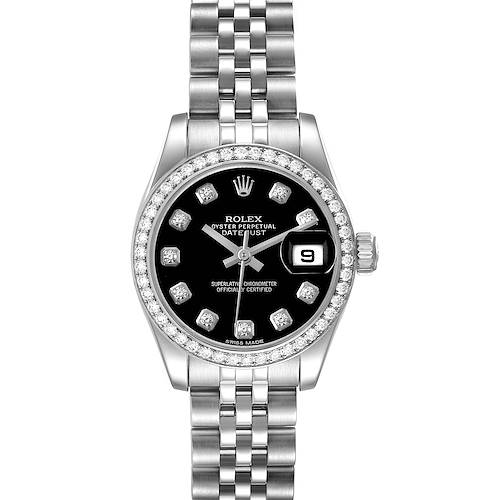 The Rolex Datejust 179384 Women's Stainless Steel Black Dial 179384 Women's Stainless Steel Black Dial is shown face-on, highlighting the dial, bezel, crown, and bracelet.