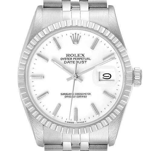 The image shows a front angle view of the Rolex Vintage Collection 16030 Men's Stainless Steel White Dial 16030 Men's Stainless Steel White Dial Datejust watch, highlighting its face, bezel, and bracelet.