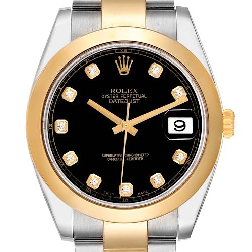 The Rolex Datejust 41 126303 Men's Steel and Gold (two tone) Black Dial 126303 Men's Steel and Gold (two tone) Black Dial is shown from the front, highlighting the dial, bezel, and part of the bracelet.