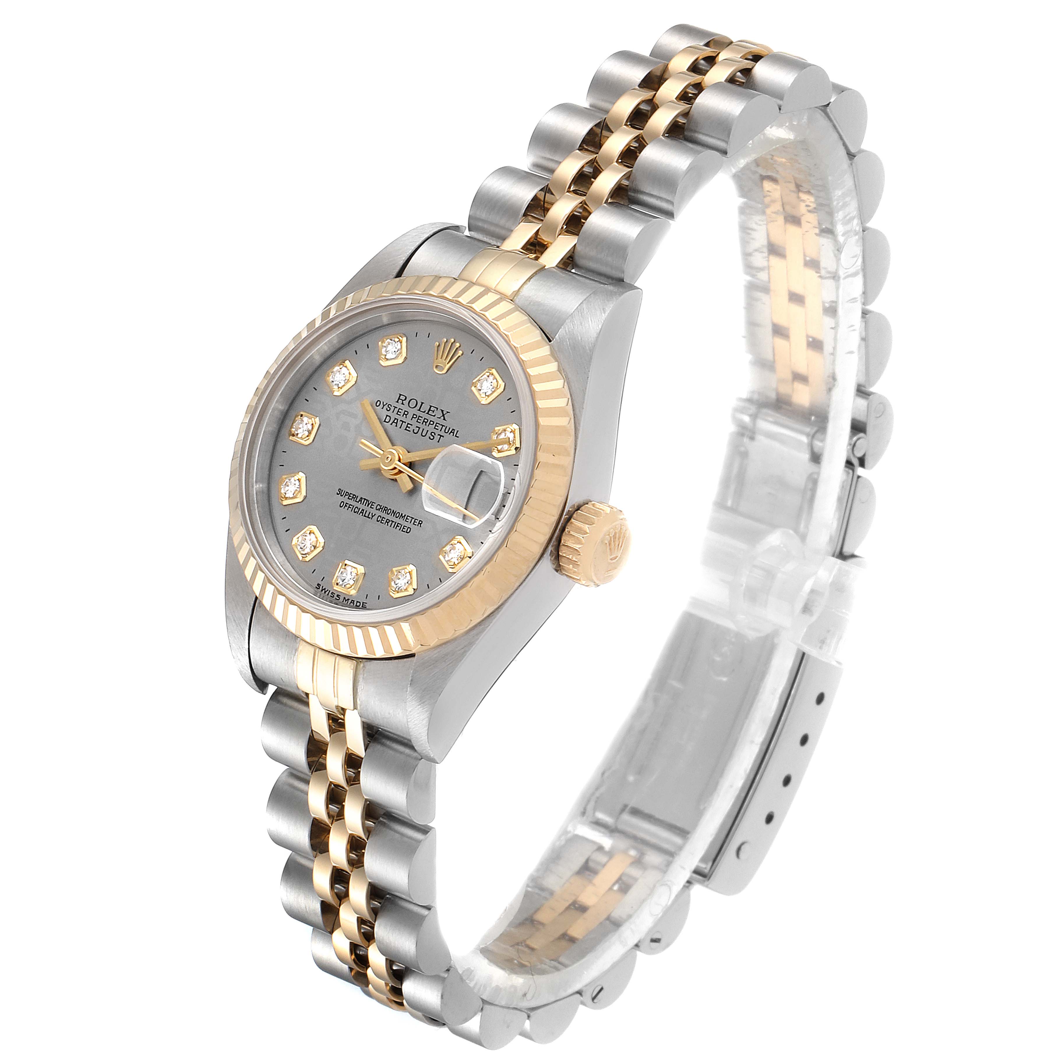 The Rolex Datejust 69173 Women's Steel and Gold (two tone) Silver Dial 69173 Women's Steel and Gold (two tone) Silver Dial watch is shown at a three-quarter angle, highlighting the dial, bezel, crown, and bracelet.