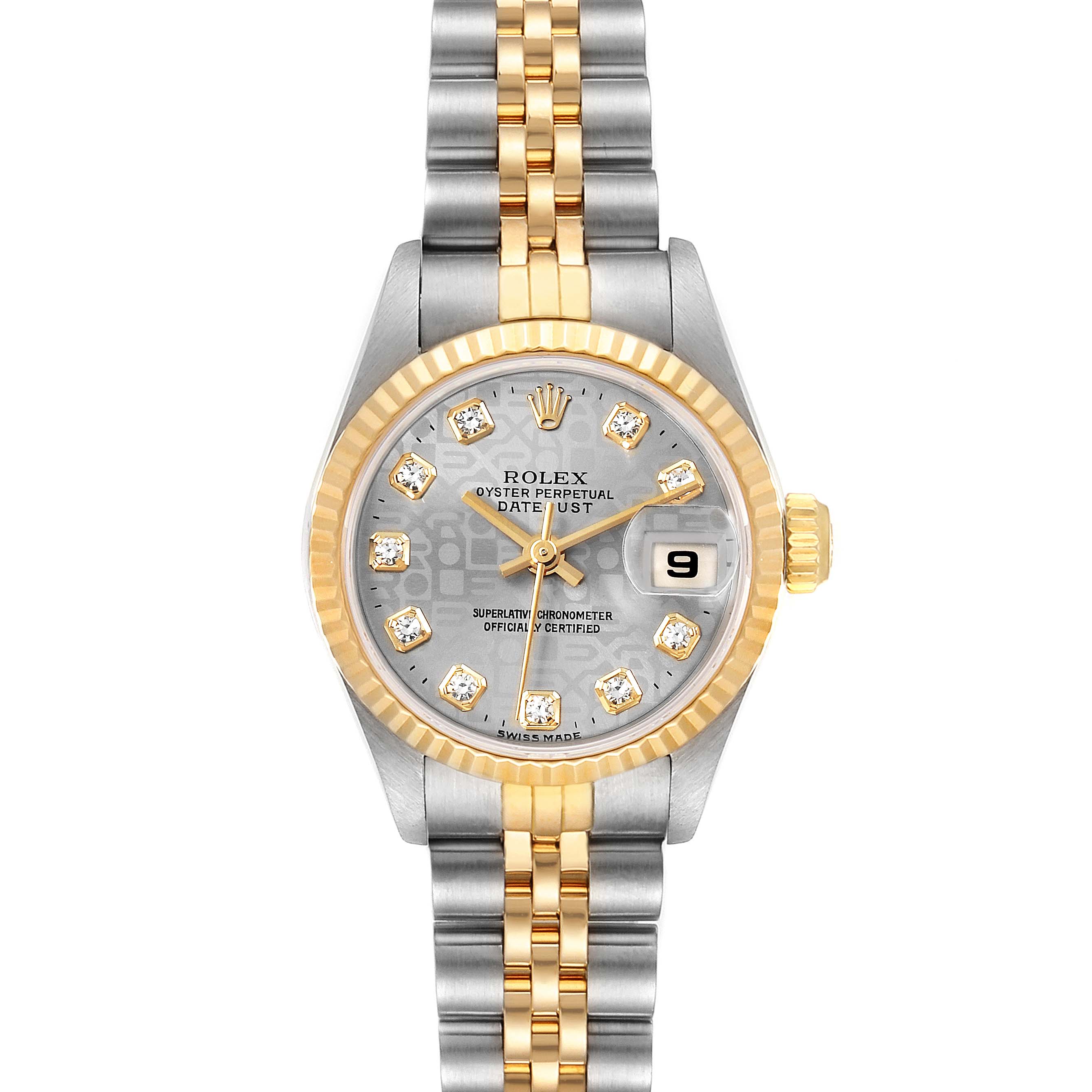 The image shows a frontal view of a Rolex Datejust 69173 Women's Steel and Gold (two tone) Silver Dial 69173 Women's Steel and Gold (two tone) Silver Dial watch, highlighting the dial, bezel, and two-tone bracelet.