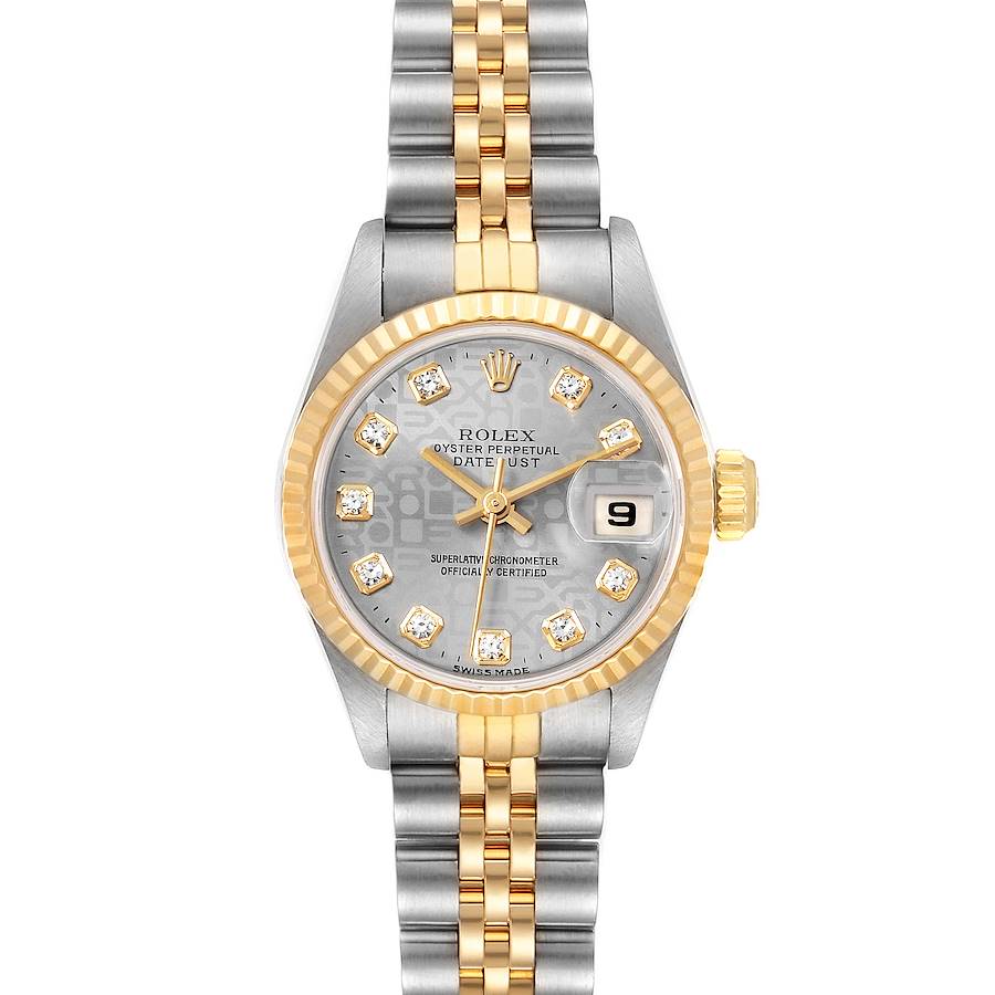 The image shows a frontal view of a Rolex Datejust 69173 Women's Steel and Gold (two tone) Silver Dial 69173 Women's Steel and Gold (two tone) Silver Dial watch, highlighting the dial, bezel, and two-tone bracelet.