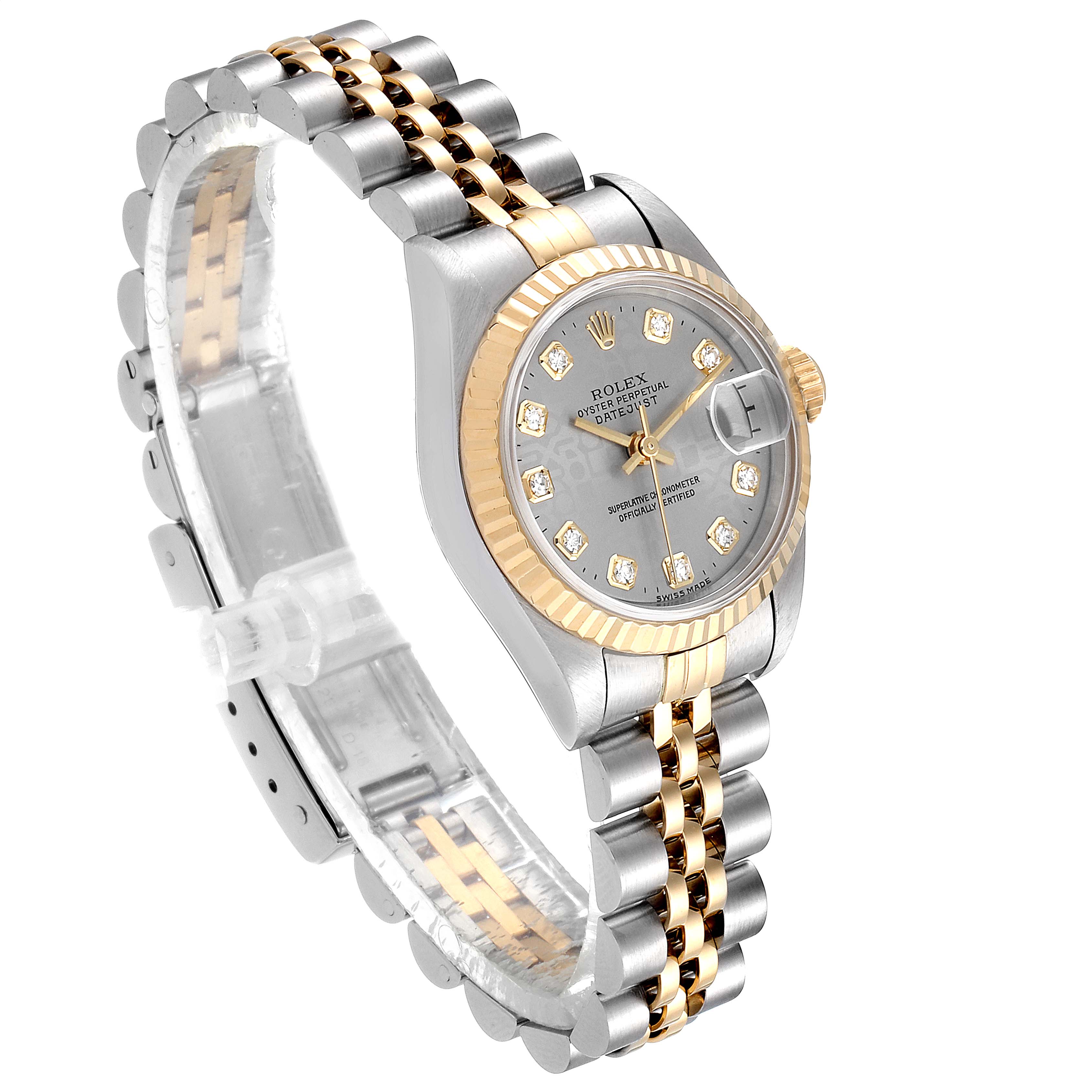 The Rolex Datejust 69173 Women's Steel and Gold (two tone) Silver Dial 69173 Women's Steel and Gold (two tone) Silver Dial watch is shown at a three-quarter angle, displaying its face, bracelet, and bezel clearly.