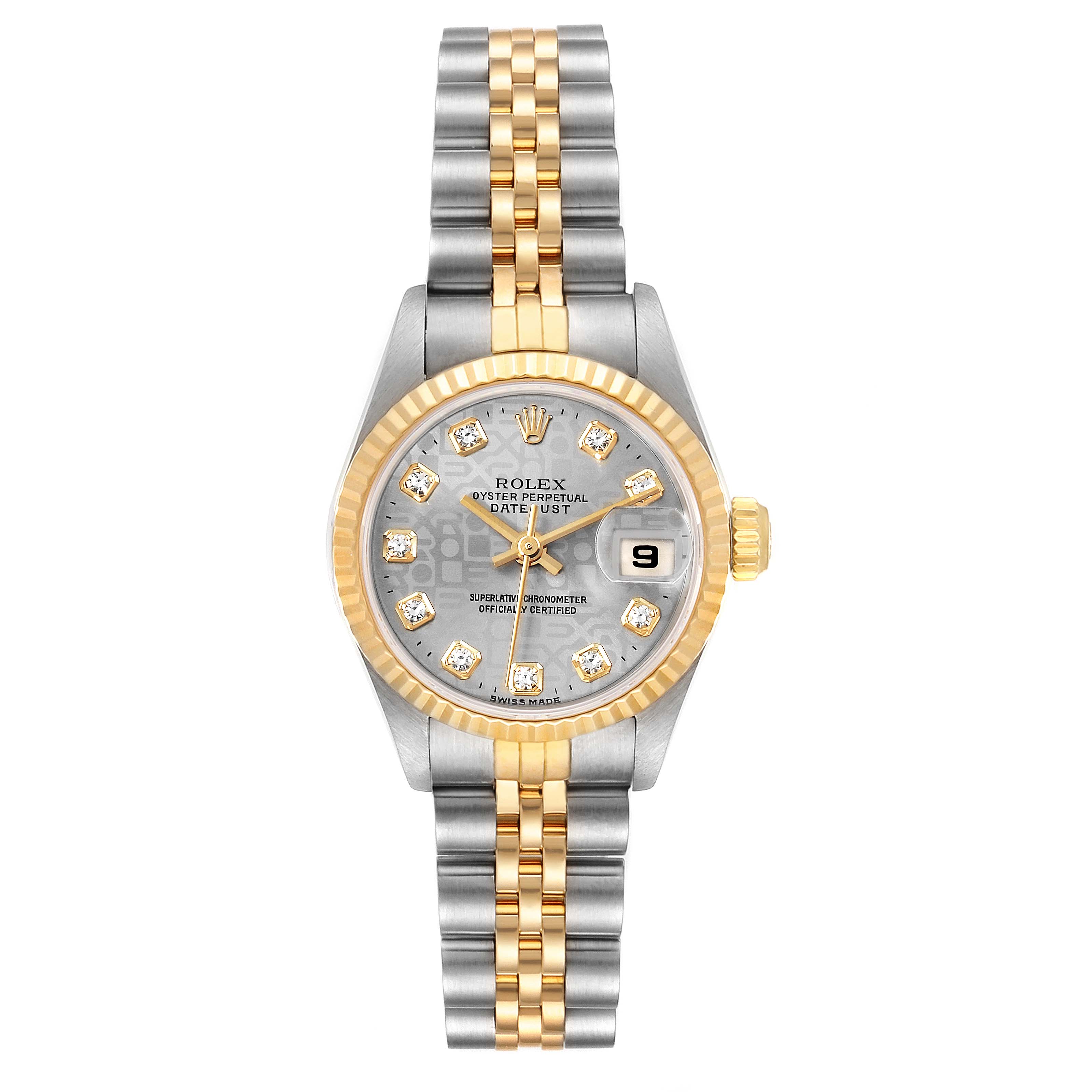 The image shows a front view of a Rolex Datejust 69173 Women's Steel and Gold (two tone) Silver Dial 69173 Women's Steel and Gold (two tone) Silver Dial watch, displaying its dial, bezel, and two-tone bracelet.