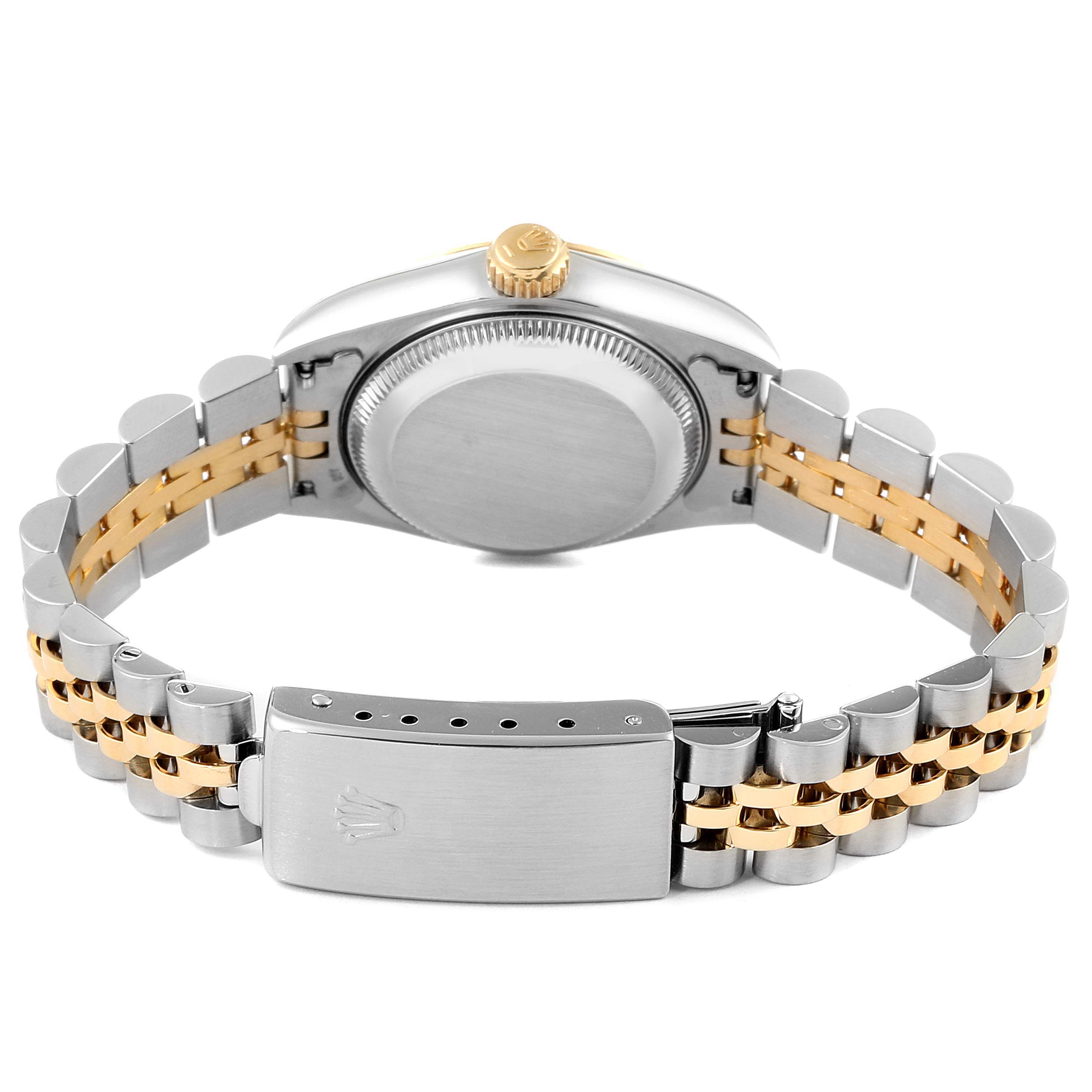 The image shows the back case, crown, and Jubilee bracelet of a Rolex Datejust 69173 Women's Steel and Gold (two tone) Silver Dial 69173 Women's Steel and Gold (two tone) Silver Dial watch.