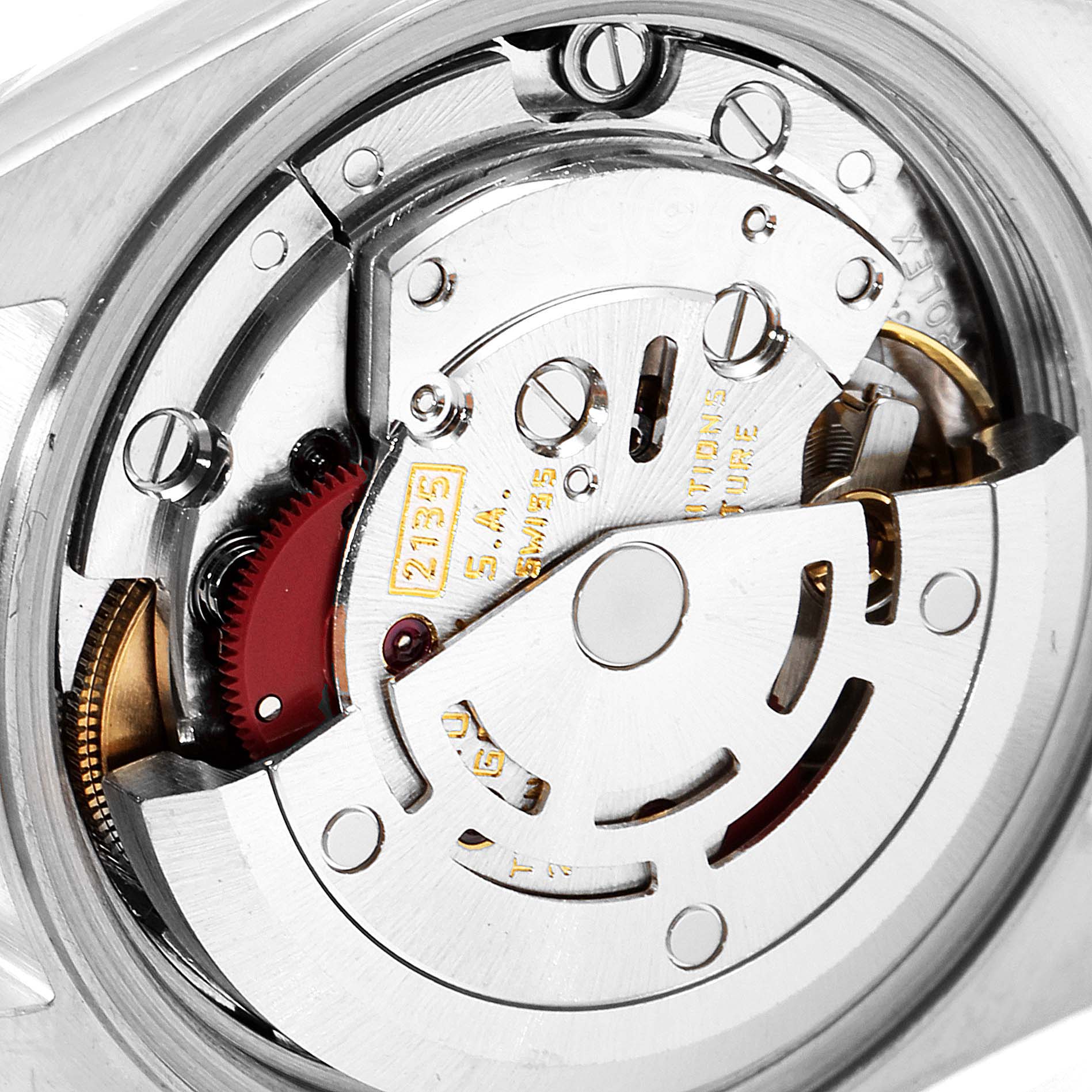 The image shows the internal movement mechanism of the Rolex Datejust 69173 Women's Steel and Gold (two tone) Silver Dial 69173 Women's Steel and Gold (two tone) Silver Dial watch from a close-up angle.