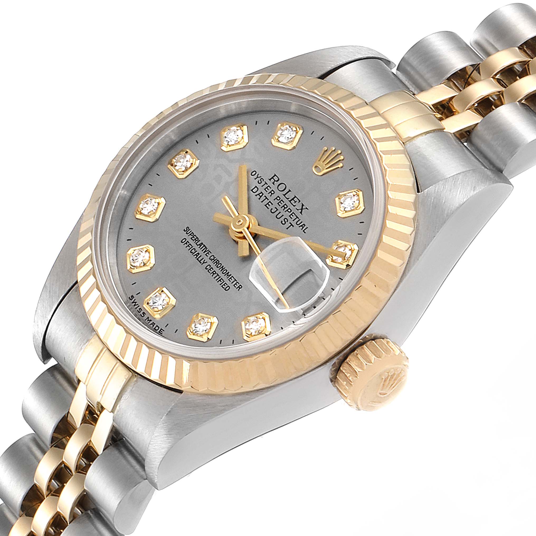 This image shows a close-up angled view of the Rolex Datejust 69173 Women's Steel and Gold (two tone) Silver Dial 69173 Women's Steel and Gold (two tone) Silver Dial watch, highlighting the dial, fluted bezel, crown, and bracelet.