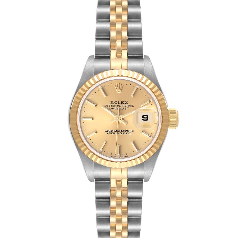 The image shows a Rolex Datejust 79173 Women's Steel and Gold (two tone) Champagne Dial 79173 Women's Steel and Gold (two tone) Champagne Dial model watch from a front angle, highlighting its two-tone bracelet and champagne dial.