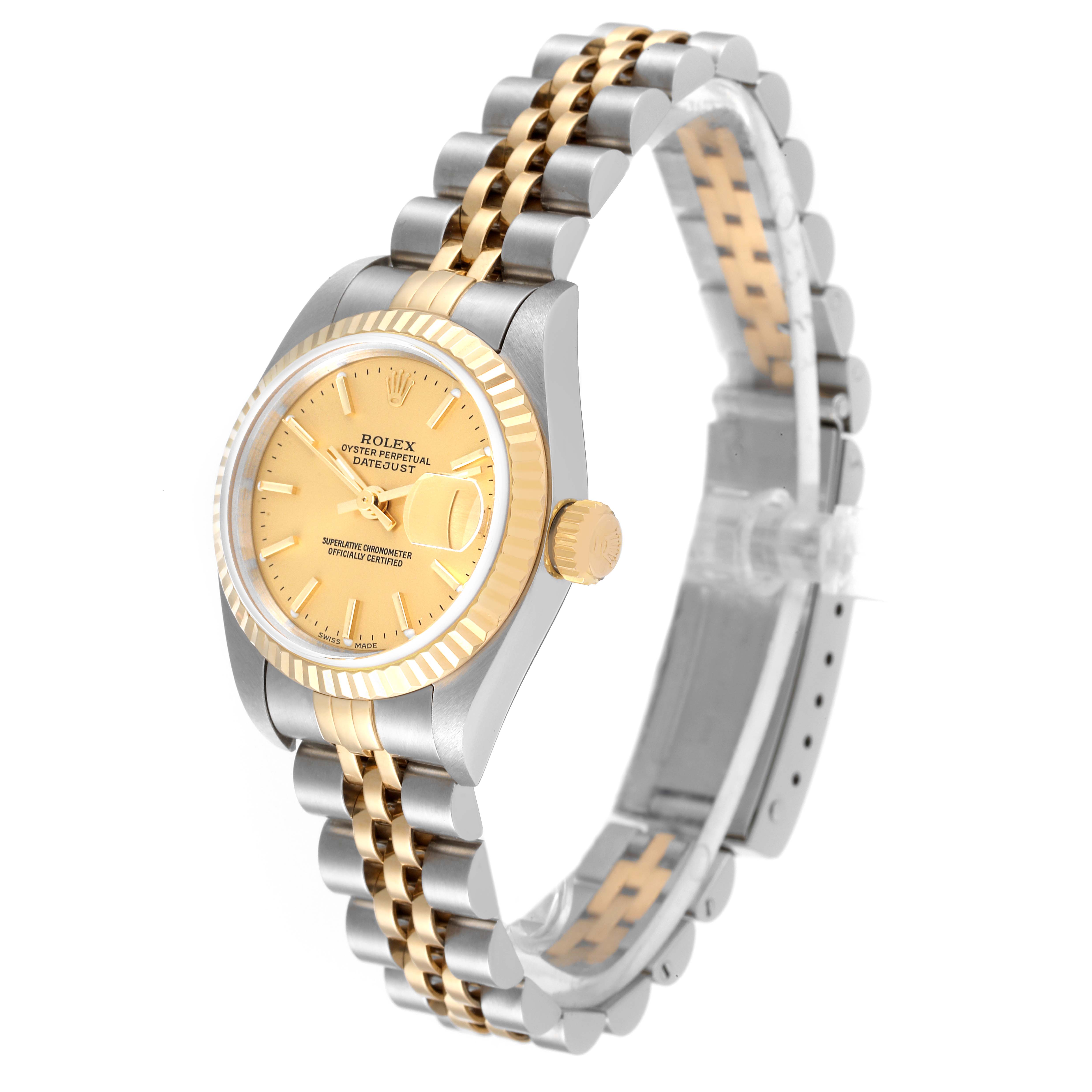 The image shows a Rolex Datejust 79173 Women's Steel and Gold (two tone) Champagne Dial 79173 Women's Steel and Gold (two tone) Champagne Dial watch at a slight angle displaying the dial, crown, and part of the two-tone bracelet.