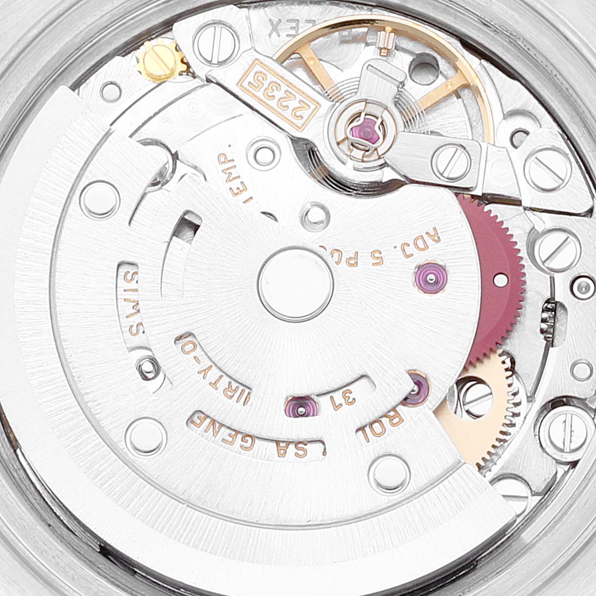 This is a close-up view showcasing the intricate movement mechanism of a Rolex Datejust 79173 Women's Steel and Gold (two tone) Champagne Dial 79173 Women's Steel and Gold (two tone) Champagne Dial watch.