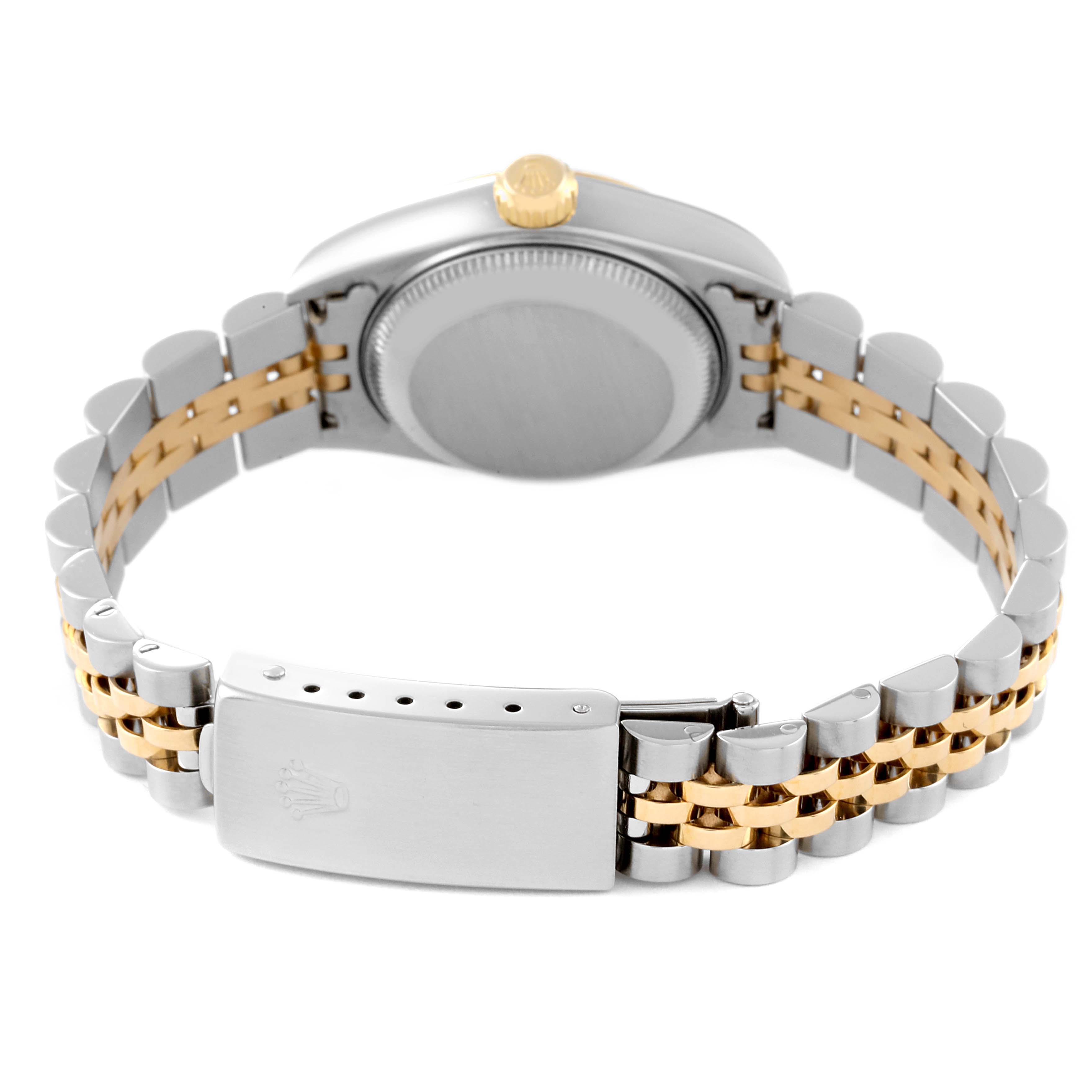 The image shows the back of a Rolex Datejust 79173 Women's Steel and Gold (two tone) Champagne Dial 79173 Women's Steel and Gold (two tone) Champagne Dial watch, highlighting its closed clasp and two-tone metal bracelet.