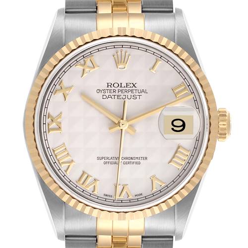 The Rolex Datejust 16233 Men's Steel and Gold (two tone) Beige Dial 16233 Men's Steel and Gold (two tone) Beige Dial watch is shown from the front, highlighting its dial, bezel, crown, and part of the bracelet.