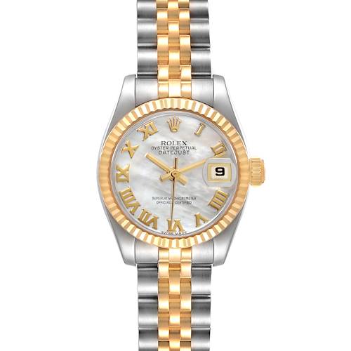 This image shows a frontal view of a Rolex Datejust 179173 Women's Steel and Gold (two tone) Mother of Pearl Dial 179173 Women's Steel and Gold (two tone) Mother of Pearl Dial watch featuring a two-tone bracelet, gold fluted bezel, and mother-of-pearl dial.