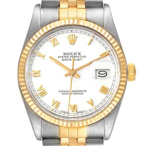 The image shows a front view of a Rolex Vintage Collection 16013 Men's Steel and Gold (two tone) White Dial 16013 Men's Steel and Gold (two tone) White Dial model with a two-tone bracelet and white dial.