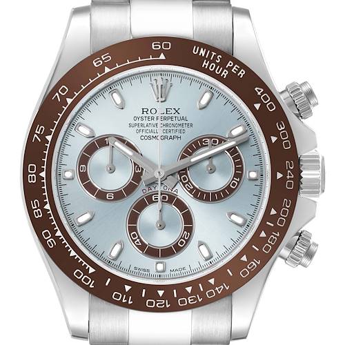 The Rolex Daytona 116506 Men's Platinum Blue Dial 116506 Men's Platinum Blue Dial watch is shown from the front, displaying the dial, bezel, and pushers.