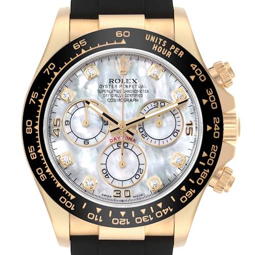 The image shows a front view of a Rolex Daytona 116518LN Men's Yellow Gold Mother of Pearl Dial 116518LN Men's Yellow Gold Mother of Pearl Dial watch, featuring the dial, bezel, and part of the strap.