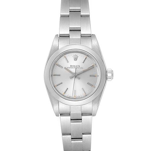 The image shows a front view of a Rolex Oyster Perpetual 67180 Women's Stainless Steel Silver Dial 67180 Women's Stainless Steel Silver Dial watch, featuring its dial, bezel, crown, and bracelet.