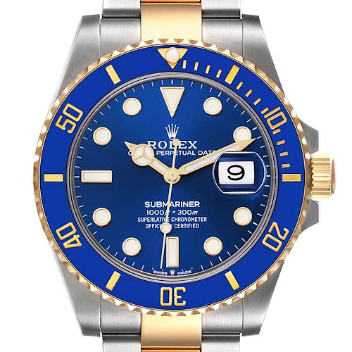 The image shows a front view of the Rolex Submariner 126613 Men's Steel and Gold (two tone) Blue Dial 126613 Men's Steel and Gold (two tone) Blue Dial, highlighting the blue dial, date window, and blue bezel.