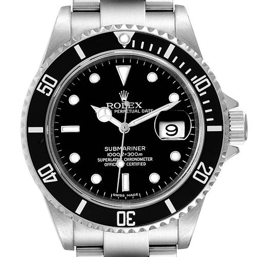 The image shows a front view of the Rolex Submariner 16610 Men's Stainless Steel Black Dial 16610 Men's Stainless Steel Black Dial watch, displaying the face, bezel, and part of the bracelet.