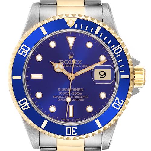 The Rolex Submariner 16613 Men's Steel and Gold (two tone) Blue Dial 16613 Men's Steel and Gold (two tone) Blue Dial watch is shown from the front, highlighting the dial, bezel, and date window.