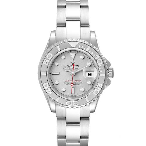 The image shows a front view of the Rolex Yacht-Master 169622 Women's Stainless Steel Silver Dial 169622 Women's Stainless Steel Silver Dial watch, highlighting its dial, bezel, and bracelet.