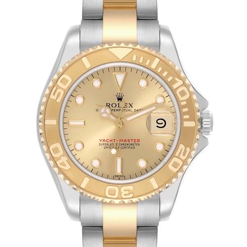 The Rolex Yacht-Master 68623 Men's Steel and Gold (two tone) Champagne Dial 68623 Men's Steel and Gold (two tone) Champagne Dial watch is shown from a front angle, displaying the dial, bezel, date, and partial bracelet.