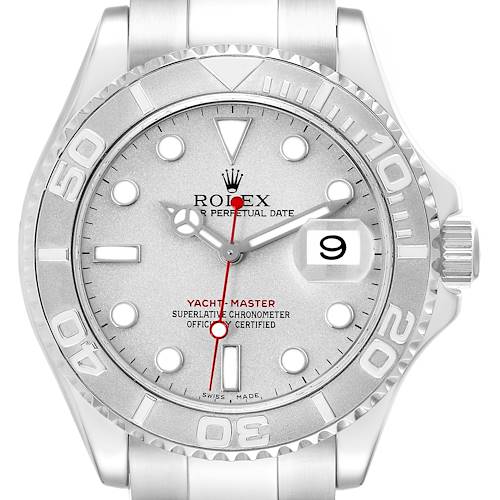 The Rolex Yacht-Master 16622 Men's Stainless Steel Silver Dial 16622 Men's Stainless Steel Silver Dial watch is shown from the front, highlighting the dial, hands, bezel, and date window.