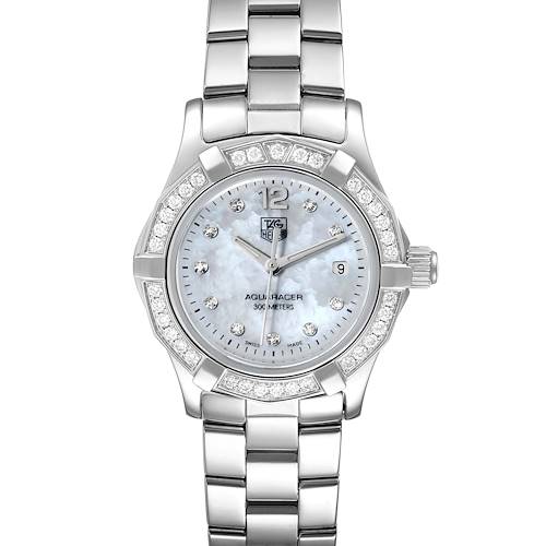 The Tag Heuer Aquaracer WAF1416.BA0824 Women's Stainless Steel Mother of Pearl Dial WAF1416.BA0824 Women's Stainless Steel Mother of Pearl Dial watch is shown from a top-down angle, displaying its face, bezel, and bracelet.