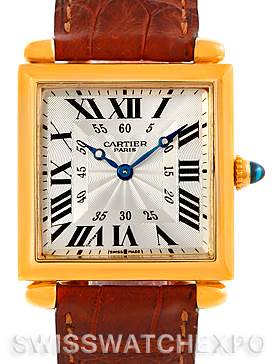 This image shows a frontal view of the Cartier Tank Obus W1527551 Men's Yellow Gold Silver Dial W1527551 Men's Yellow Gold Silver Dial watch, featuring its square dial, Roman numerals, and brown leather strap.