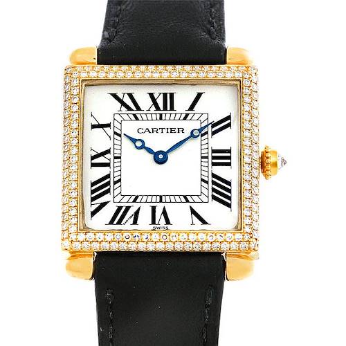 This image shows a front view of the Cartier Tank Obus W1512256 Men's Yellow Gold Silver Dial W1512256 Men's Yellow Gold Silver Dial watch, highlighting its square face, black leather strap, and diamond-studded gold bezel.