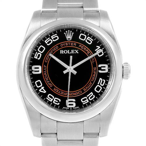 This is a frontal view of a Rolex Oyster Perpetual 116000 Men's Stainless Steel Black Dial 116000 Men's Stainless Steel Black Dial watch, showing the face, hands, bezel, and part of the stainless steel bracelet.