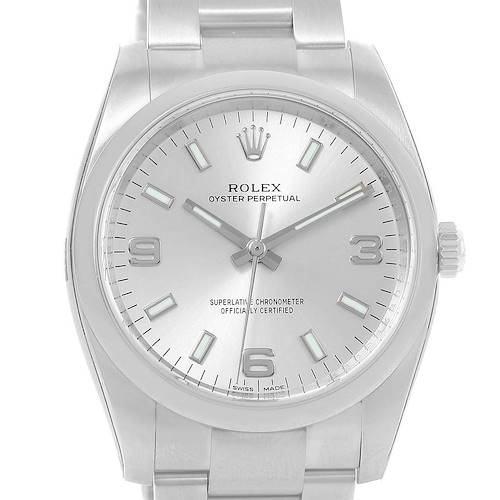 The image shows a front view of a Rolex Oyster Perpetual 114200 Men's Stainless Steel Silver Dial 114200 Men's Stainless Steel Silver Dial watch, displaying its face, crown, and part of the bracelet.