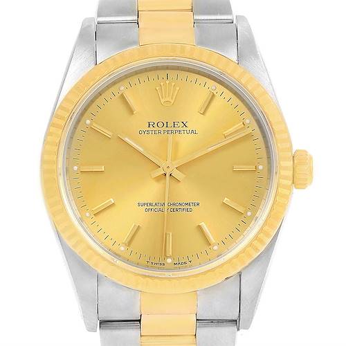 The image shows a front view of a Rolex Oyster Perpetual 14233 Men's Steel and Gold (two tone) Champagne Dial 14233 Men's Steel and Gold (two tone) Champagne Dial watch, highlighting its yellow dial, bezel, and two-tone bracelet.
