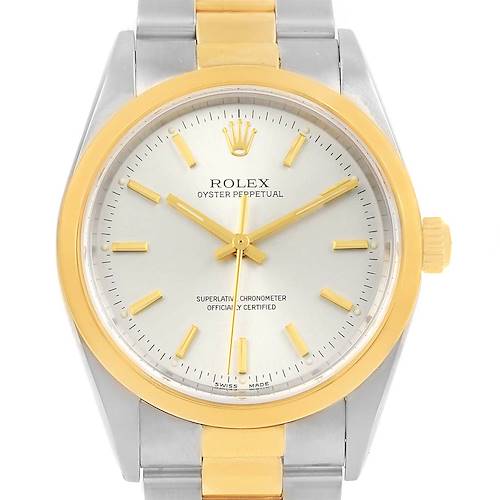 The image shows a front view of a Rolex Oyster Perpetual 14203 Men's Steel and Gold (two tone) Silver Dial 14203 Men's Steel and Gold (two tone) Silver Dial with a two-tone bracelet, yellow gold bezel, and silver dial.