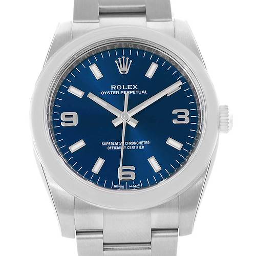 This image shows a front view of a Rolex Oyster Perpetual 114200 Men's Stainless Steel Blue Dial 114200 Men's Stainless Steel Blue Dial watch, highlighting the blue dial and stainless steel bracelet.