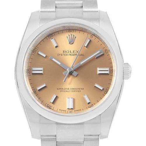 The Rolex Oyster Perpetual 116000 Men's Stainless Steel Champagne Dial 116000 Men's Stainless Steel Champagne Dial model is shown from a front angle displaying the watch face, bezel, case, and part of the bracelet.