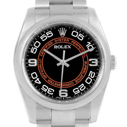 The image shows a front view of a Rolex Oyster Perpetual 116000 Men's Stainless Steel Black Dial 116000 Men's Stainless Steel Black Dial watch, highlighting the dial, bezel, and part of the bracelet.